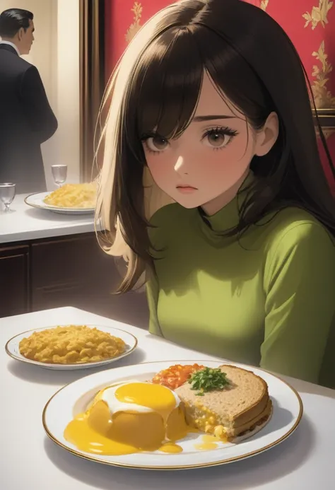 She sighs or groans when she is served a plate of food that she considers too much..