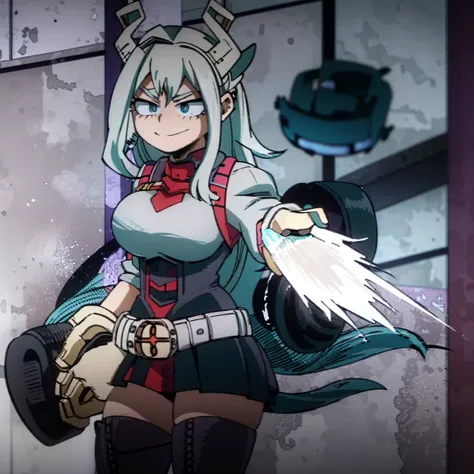 1girl, female focus, boku no hero academia, masterpiece, best quality, very aesthetic, cowboy shot, big breasts, long braid hair, dark hair, purple eyes, smirk, gray jacket, red tie, white shirt, teal skirt, gray tights, boots 