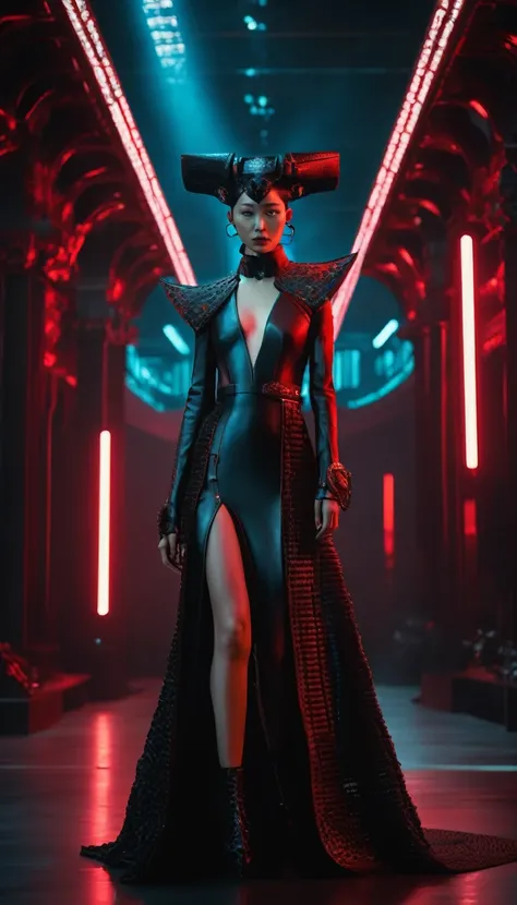 A fashion runway for alien technology , Cyberpunk fashion photography , Inspired by Chinese Xianxia and dark Gothic.，A fallen god in Greek mythology，(Best Quality,4k,8k,A high resolution,Masterpiece:1.2), (realist,Fotorrealist,fotorrealist:1.37).