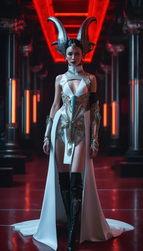 A fashion runway for alien technology , Cyberpunk fashion photography , Inspired by Chinese Xianxia and dark Gothic.，A fallen god in Greek mythology，(Best Quality,4k,8k,A high resolution,Masterpiece:1.2), (realist,Fotorrealist,fotorrealist:1.37).