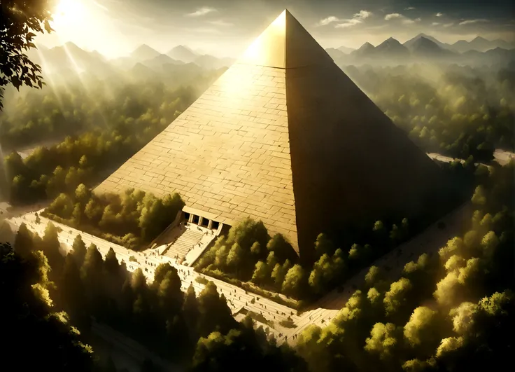 Got it, Lost city among the trees of a dense forest, great golden pyramid, shining with sunlight, Realistic photography.