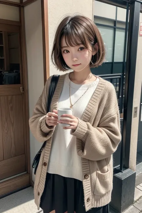 Japanese girl with current clothes, short brown hair