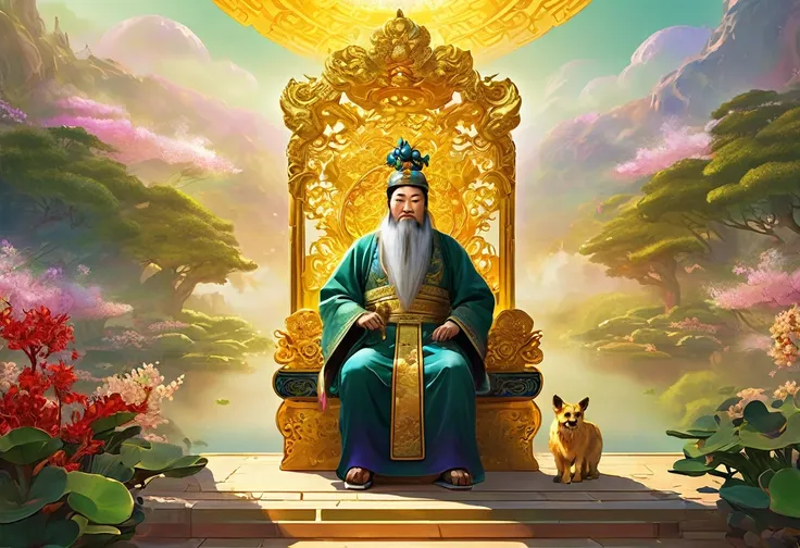 show 2 people, a jade Emperor seated on a magnificent golden throne in the heavenly realm looks down to a young farmer who is in simple clothing stands respectfully before him . Surround them with vibrant celestial flora under a soft, golden light