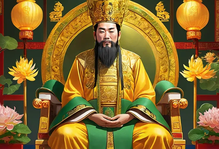 show 2 people, a jade Emperor seated on a magnificent golden throne in the heavenly realm looks down to a young farmer who is in simple clothing stands respectfully before him . Surround them with vibrant celestial flora under a soft, golden light