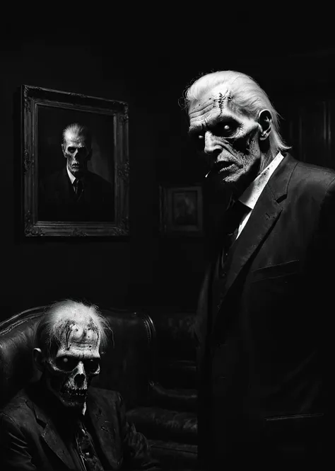 A old zombie George Watson man white shot hair black suit on the dark living room black and white image