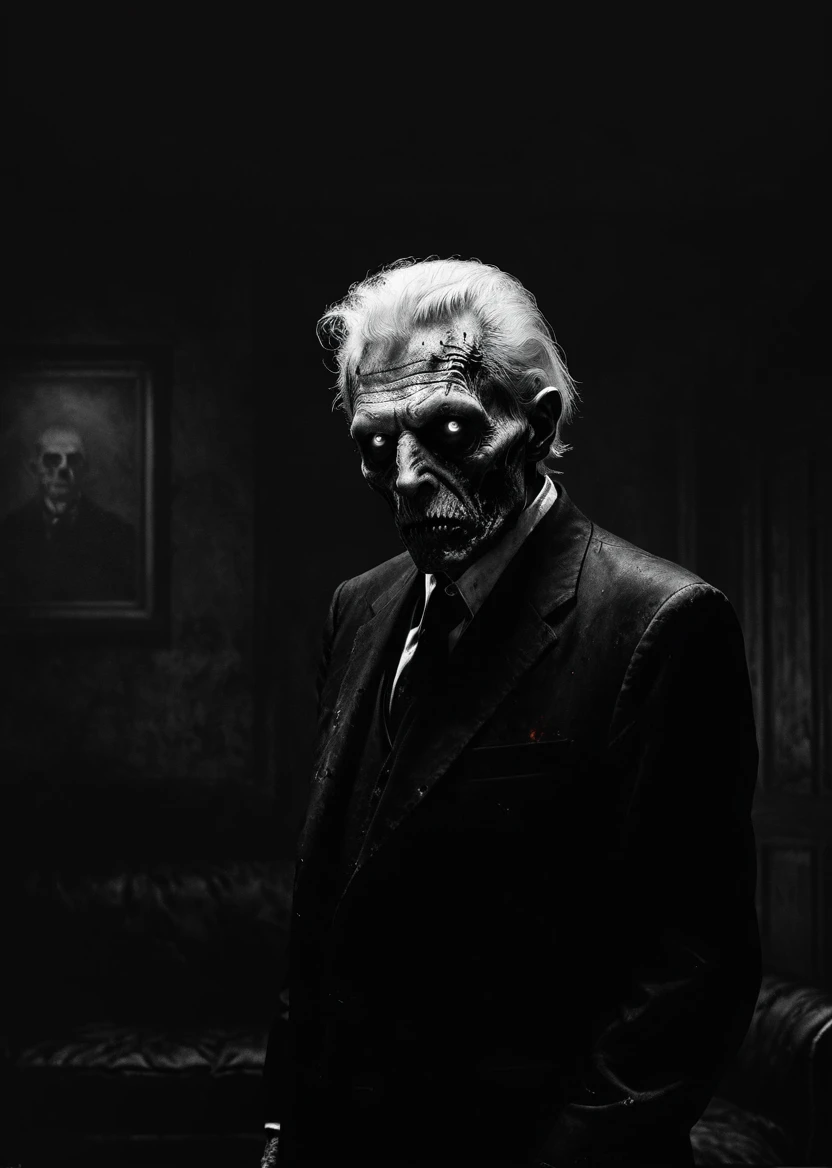 A old zombie George Watson man white shot hair black suit on the dark living room black and white image