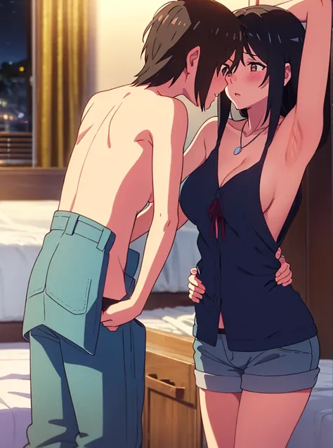 shinkai makoto, Kimi No Na Wa., 1 boy, Shaved head, , Boys are behind girls, Touching the chest, Rubbing breasts from behind, grab, grabbing chest,chestgrab behind back, Remove your bra, Hold the bra, Embrace, Embrace, Kiss on the neck, One girl, Black Hai...