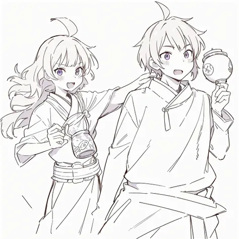 a drawing of two anime characters one is holding a jar, bold lineart, simple lineart, thick lineart, clean lineart, petros and leonid, perfect lineart, clean anime outlines, lineart, hidari and vlop, in japanese anime style, in anime style, wearing a toga,...