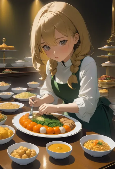 She arranges the food on the plate meticulously.