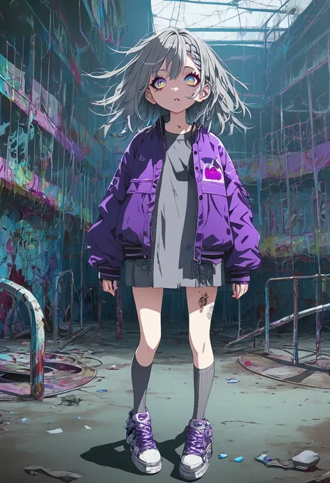 Step Piece, Highest quality, Best illustrations, Super detailed,girl, Gray Hair, cool purple open short jacket, Tattoo, Messy Fade Cut Hair, Side braided hair,crazy, Standing there with an eerie feeling, Abandoned amusement park background,Knee-high socks,...