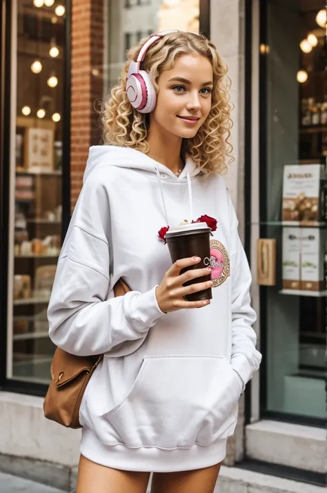 tall girl with blonde curls, with a bag of roses, wearing a white sweatshirt, using donut headphones, having an iced coffee.