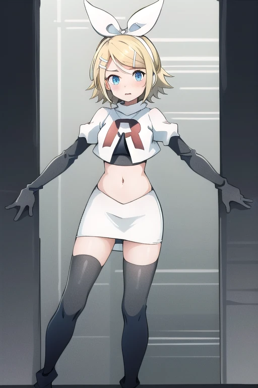 masterpiece, best quality, absurdres, perfect anatomy, 1girl, solo, Kagamine Rin, short hair, bow, team rocket,team rocket uniform,white skirt,red letter R,crop top,black thigh-highs,black elbow gloves