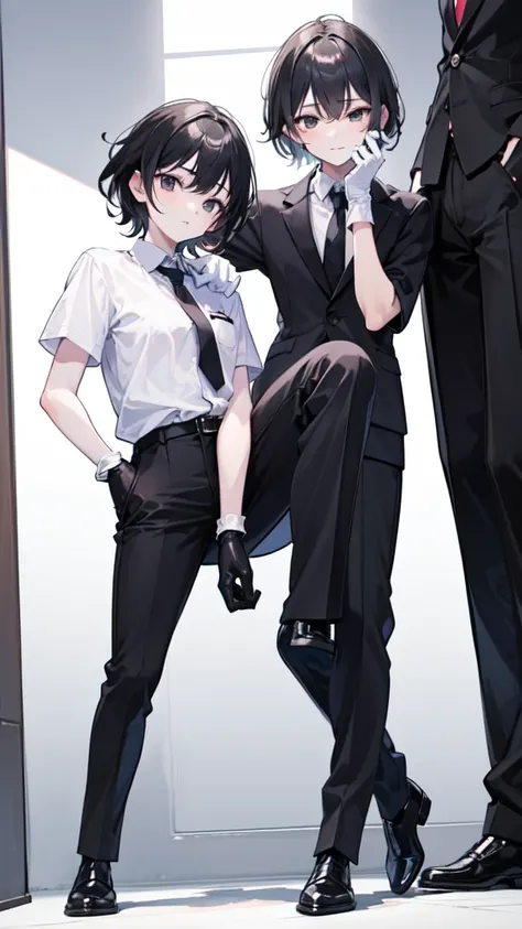 18-year-old boy，cute，Wear a white short-sleeved shirt and a black work tie，Wear black pants，Wear black booties，Wear white gloves，Black hair，Black eyes，porn pose