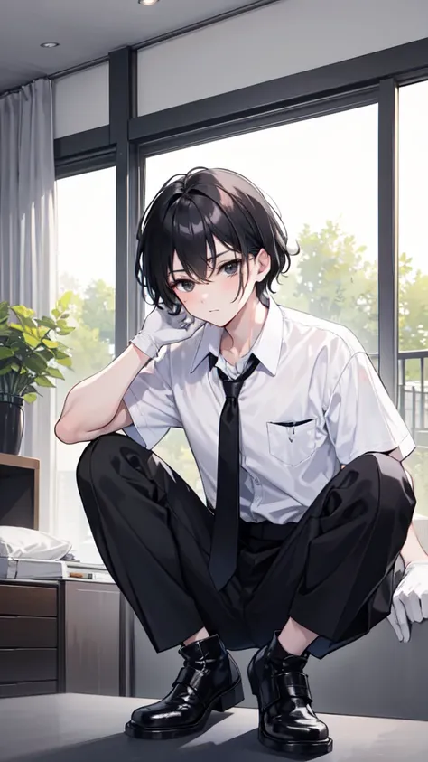 18-year-old boy，cute，Wear a white short-sleeved shirt and a black work tie，Wear black pants，Wear black booties，Wear white gloves，Black hair，Black eyes，porn pose