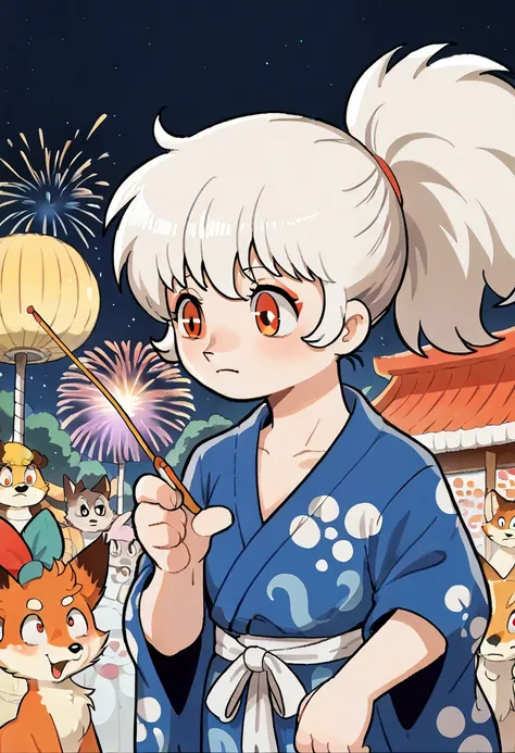 (tezuka osamu styles) , Hallucination, daydream , Fantastic , Fear , bokeh , hairy fur , Yukata , fox girl , hair tie , medium hair , up hair , natsu matsuri , Japanese festival , nape , Fireworks display , look away , focus nape