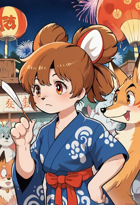 (tezuka osamu styles) , Hallucination, daydream , Fantastic , Fear , bokeh , hairy fur , Yukata , fox girl , hair tie , medium hair , up hair , natsu matsuri , Japanese festival , nape , Fireworks display , look away , focus nape