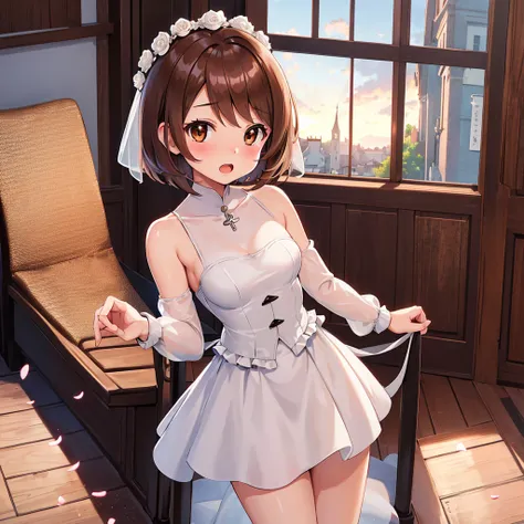 masterpiece, Highest quality, High resolution, Gloria1, 1 Girl, Gloria(Pokémon), Brown Hair, , Brown Eyes, , Short Hair, , Bobcut, bangs, , 　１Describe a girl carefully　１Girl　Expression in love　blush　Open Mouth　blush　church　Wedding dress（mini skirt）　breast ...