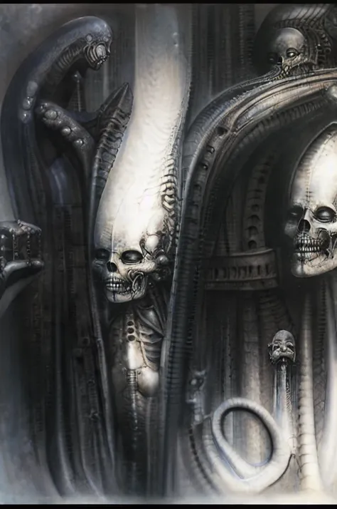 giger_style, the image is a detailed view of h.r. giger's \" landscape xvi \" plate, featuring a complex network of bones and or...