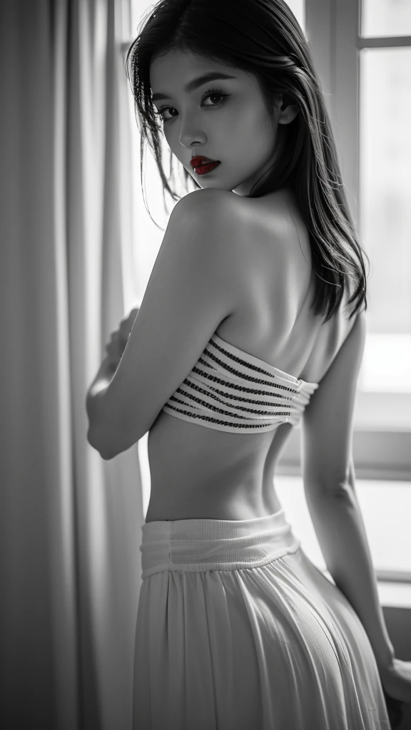 (((Black and white art:1.2、Black and white photography、RAW Photos、Film Grain)))、Beautiful woman、Small Nose、((Fuller lips、Sexy red lips:1.3))、Attractive hairstyle、skirt、Highest quality、High resolution、High resolution、Cinema Lighting、Black and white photogra...