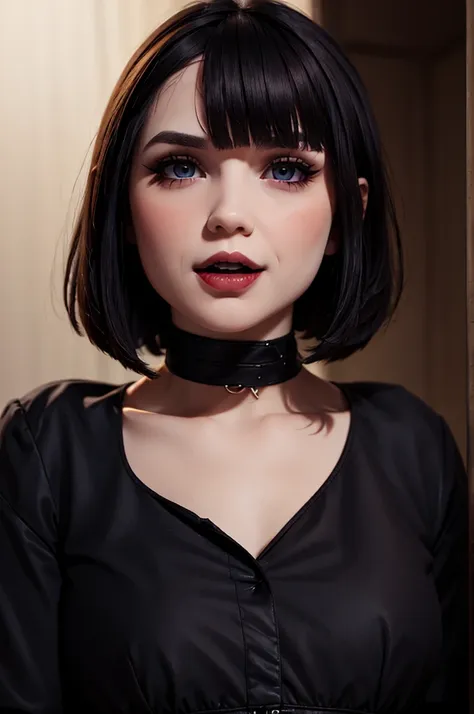 fine detailed face, perfect eyes, pale skin, gothic makeup, short hair with bob style bangs, thick lips and open mouth showing v...