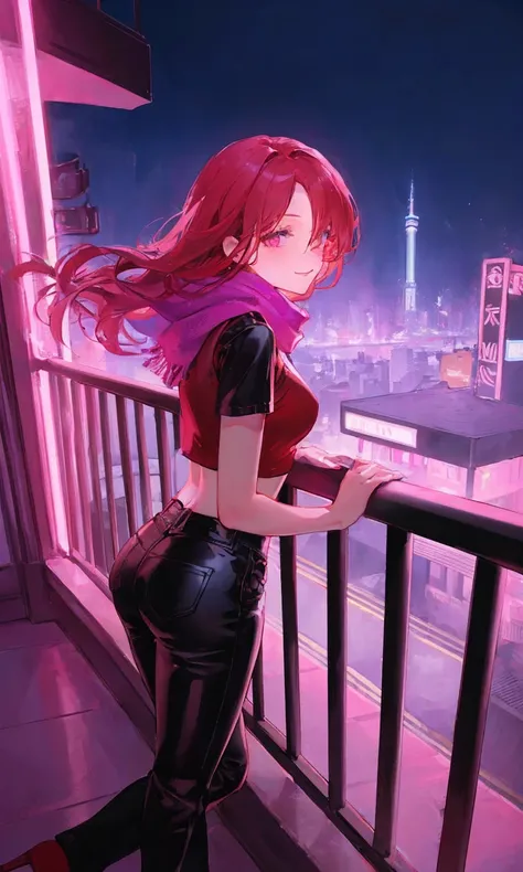 botanical illustration, masterpiece, best quality, classic, extremely detailed, 1 woman, red hair, pink eyes, hair over one eye, long hair, red crop top, short sleeves, magenta scarf, black leather pants, red high heeled boots, neon lights, in the city, fu...