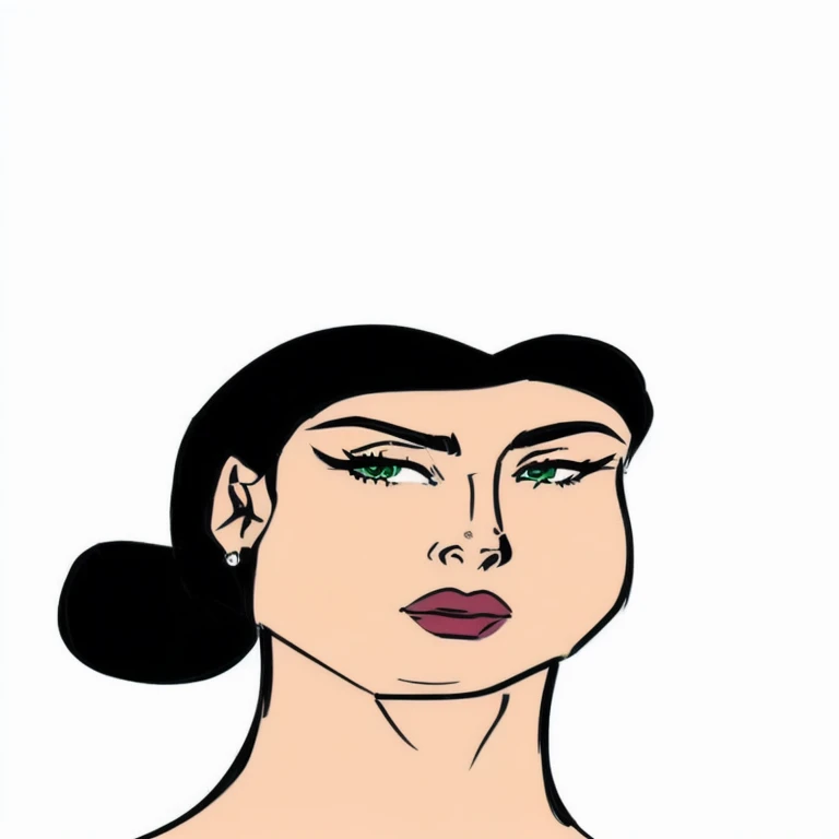 a cartoon of a woman with a ponytail and green eyes, portrait of modern darna, in a mixed style of æon flux, rotoscoped, rotoscope, womans face, a womans face, woman with black hair, cartoonish and simplistic, inspired by Bruce Timm, female lead character