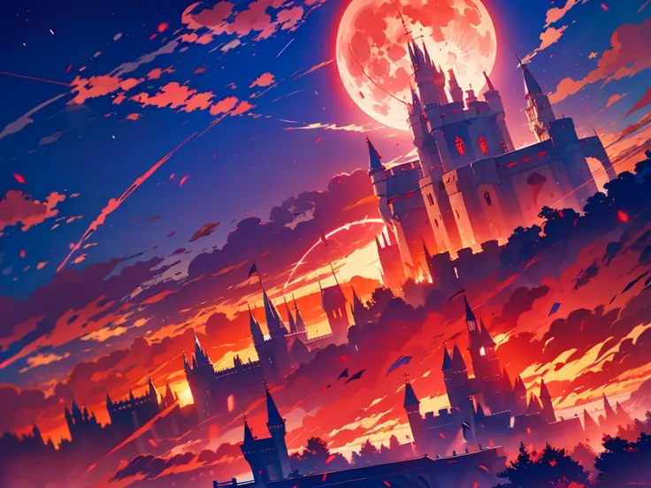 (remilia scarlet), loli, skirm, growing red eyes, red full moon, blight red sky, dynamic angle, a castle in background, 8k wallp...