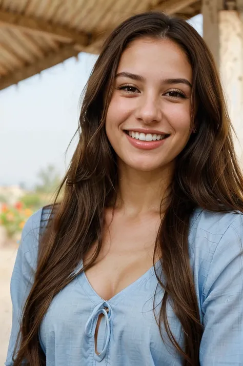 a photo-realistic portrait of a beautiful Palestinian woman with long brown hair, blue shirt, white teeth, and a cute smile, with highly detailed and realistic facial features, modest expression, and realistic white skin tone