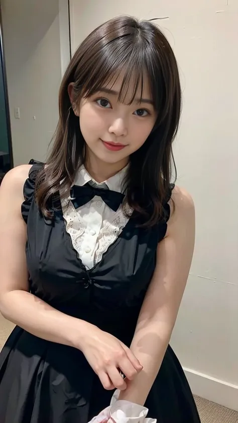 1 Nogizaka Musume、very cute、beautiful girl、19 years old、(gothic  fashion)、beautiful face, Exquisite details of eyes and skin、fine black shiny hair、Classy ruffles、frilled tie、ribbon tie、rose hair accessories、(smile at the camera)、(cowboy shot)、(sea of europ...