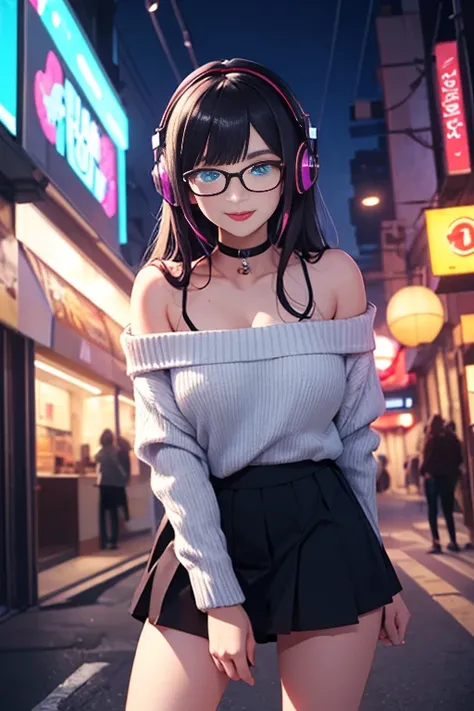 ((best quality)), ((masterpiece)), ((detailed eyes)), perfect face, female, gamer girl, ((aqua eyes)), (cherry-red lips), light smile, long black hair, purple streaked hair, wearing headphones, bangs, ribbon, choker, nerdy glasses, she is wearing white off...