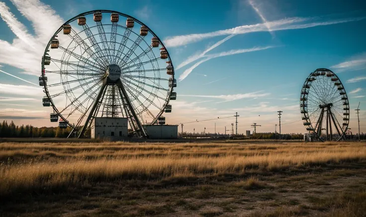 ((Best Quality)), ((Masterpiece)), (detailed), Chernobyl with lights and punk graffiti with many details without people seen from afar that there is a Ferris wheel with dry grass abandoned about to fall

