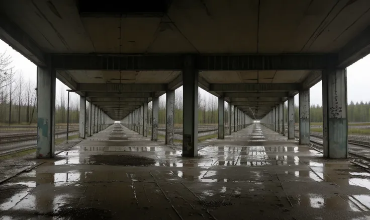 chernobyl catwalk that is empty without people the place with lights that looks dirty and at night with lights and details punk graffiti abandoned rain