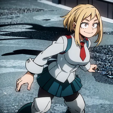 1girl, female focus, boku no hero academia, masterpiece, best quality, very aesthetic, cowboy shot, big breasts, bob cut hair, blonde hair, blue eyes, smile, gray jacket, red tie, white shirt, teal skirt, gray tights, boots