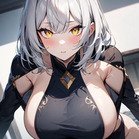 1girl,pale hair,yellow eyes,pale eyes,masterpiece,best quality,very aesthetic,absurdres,(front view),(big breast),upper body (shoulder),(sideless)