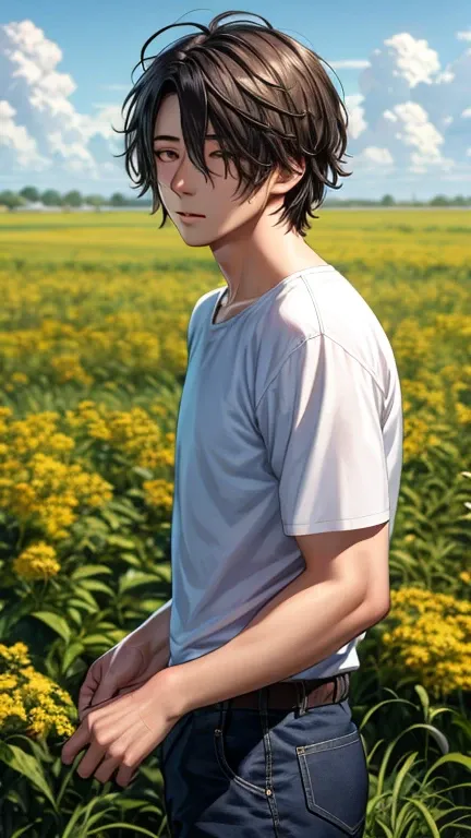 4k realistic, 25 years old, boy, grass, nature, messy hair, short hair