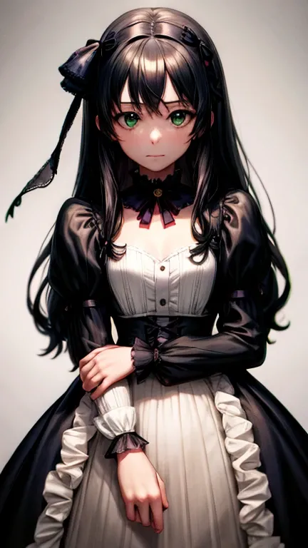 ((masterpiece, best quality)),best aesthetic,1girl, solo, long hair, black dress, flower, ribbon, black background, black hair, rose, hair ribbon, green eyes, long sleeves, white rose, closed mouth, black ribbon, upper body, cinematic lighting