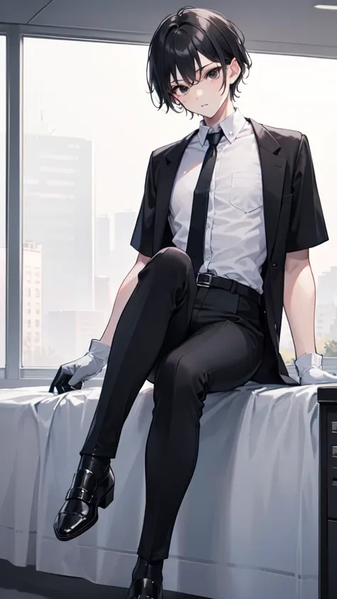 18-year-old boy，cute，Wear a white short-sleeved shirt and a black work tie，Wear black pants，Wear black booties，Wear white gloves，Black hair，Black eyes，porn pose