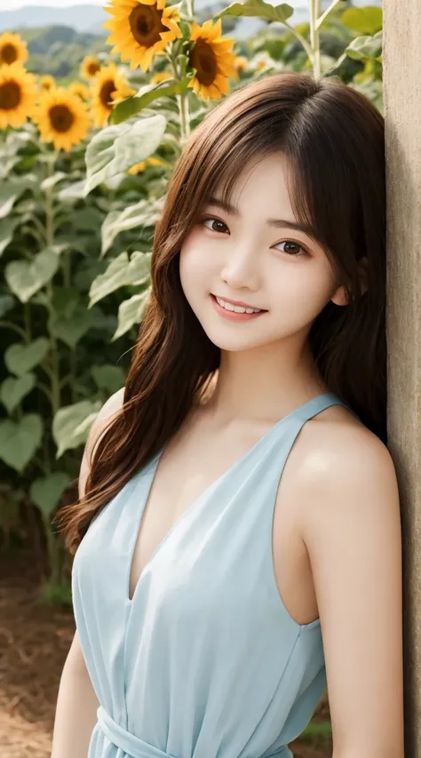 Tabletop, Highest quality, Very detailed, In detail, High resolution, 8k wallpaper, Beautiful big eyes,Black-haired、17 years old, Slender body、爽やかなsmile、Shows the whole body down to the waist、Very beautiful face,Very well-formed face、With sunflowers in the...