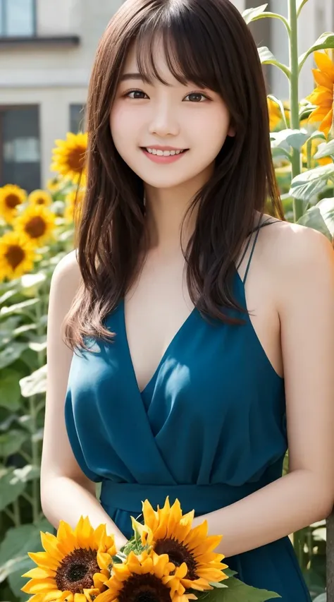 Tabletop, Highest quality, Very detailed, In detail, High resolution, 8k wallpaper, Beautiful big eyes,Black-haired、17 years old, Slender body、爽やかなsmile、Shows the whole body down to the waist、Very beautiful face,Very well-formed face、With sunflowers in the...