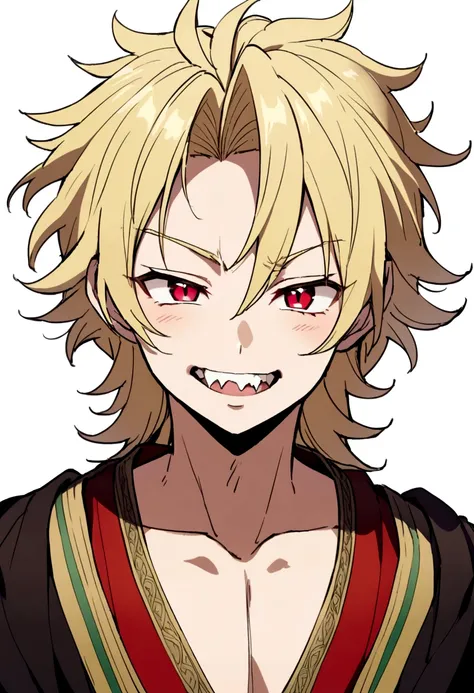 Anime,boy,cute face, Blonde hair, pretty, Vampire tooth, with blue ,Messy hair ,Brazilian clothing