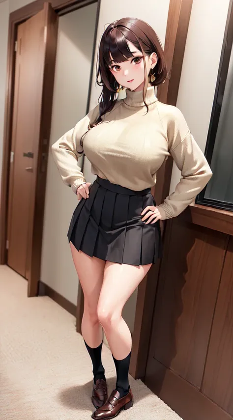 (((professional: step by step, final result god level))): "masterpiece, best quality, highres, kr1, brown eyes, blunt bangs, kibito high , 20% miniskirt, sweater, pleated skirt, socks, giantic breasts, leaning forward, hand on hip,, low back view"