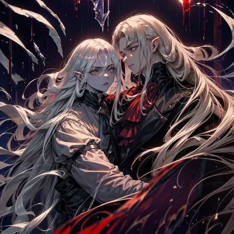 young vampire with the appearance of vampire hunter D and Alucard from Castlevania, left eye patch, long white hair, light bluish purple eyes, and expressionless and imposing face, victorian era clothing, holds in his arms while drinking blood from the nec...