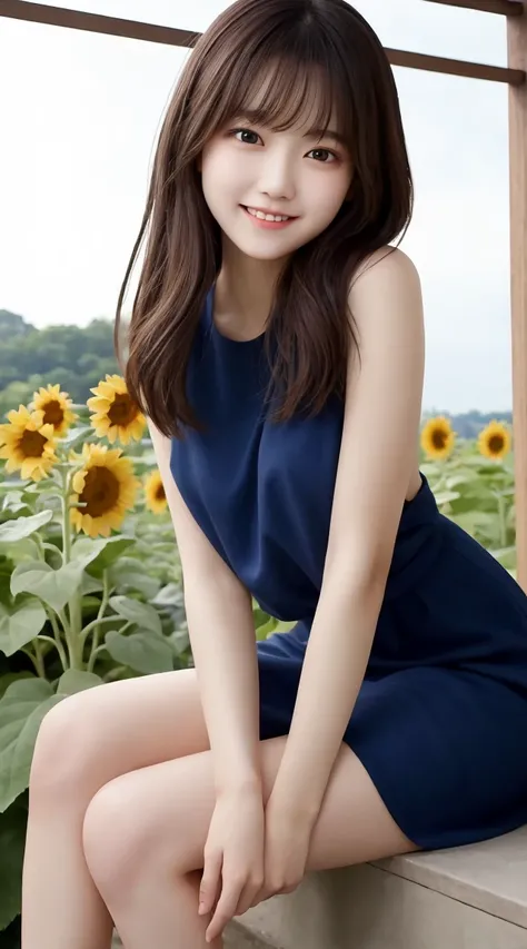 Tabletop, Highest quality, Very detailed, In detail, High resolution, 8k wallpaper, Beautiful big eyes,Black-haired、17 years old, Slender body、爽やかなsmile、Shows the whole body down to the waist、Very beautiful face,Very well-formed face、With sunflowers in the...