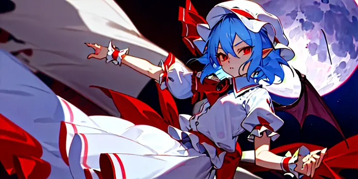 masterpiece,best quality,extremely clear,1girl,solo,remilia scarlet,red eyes,short hair,bat wings,hat,blue hair,hat ribbon,short sleeves,wrist cuffs,puffy short sleeves,red ribbon,frilled shirt,white skirt,frilled,white shirt,frilled sleeves,pointy ears,wh...