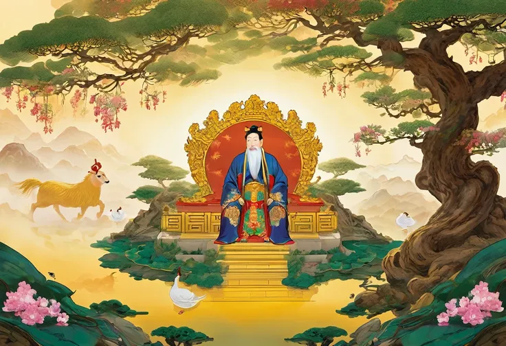 show 2 people, a jade emperor seated on a magnificent golden throne in the heavenly realm looks down to a young farmer who is in...