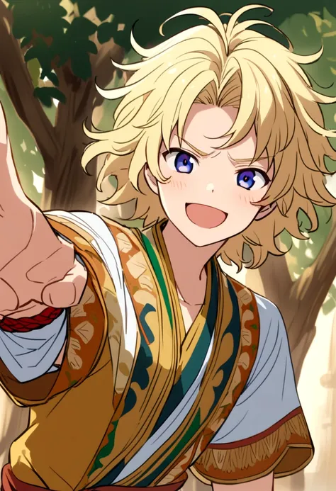 Anime,boy,cute face, Blonde hair, pretty, with blue ,Messy hair ,Brazilian clothing