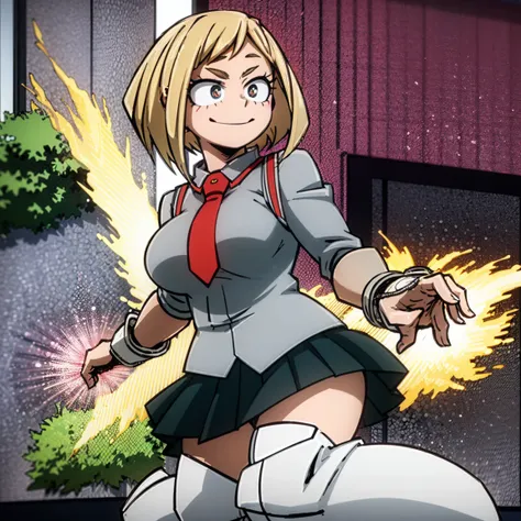 1girl, female focus, boku no hero academia, masterpiece, best quality, very aesthetic, cowboy shot, big breasts, bob cut hair, blonde hair, blue eyes, smile, gray jacket, red tie, white shirt, teal skirt, gray tights, boots