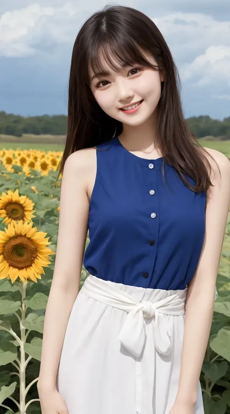 Tabletop, Highest quality, Very detailed, In detail, High resolution, 8k wallpaper, Beautiful big eyes,Black-haired、17 years old, Slender body、爽やかなsmile、Shows the whole body down to the waist、Very beautiful face,Very well-formed face、With sunflowers in the...