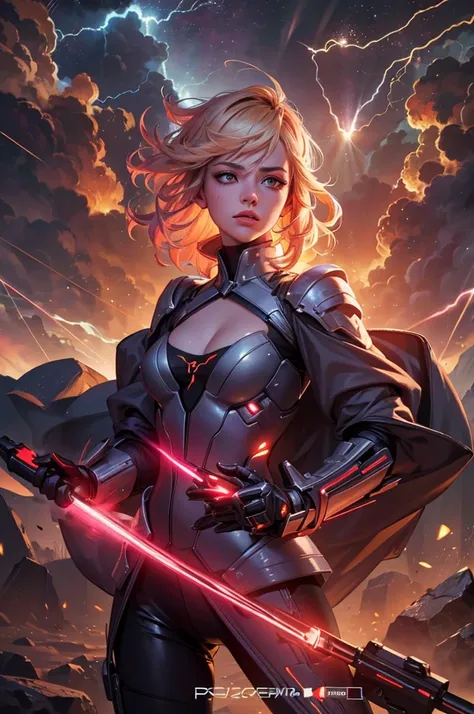 A beautiful young girl with yellow hair, a tight lightning-themed suit, and small breasts, wielding alien thunder weapons in a thunderstorm backdrop, (best quality,4k,8k,highres,masterpiece:1.2),ultra-detailed,(realistic,photorealistic,photo-realistic:1.37...