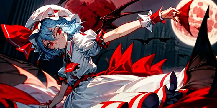 masterpiece,best quality,extremely clear,1girl,solo,remilia scarlet,red eyes,short hair,bat wings,hat,blue hair,hat ribbon,short sleeves,wrist cuffs,puffy short sleeves,red ribbon,frilled shirt,white skirt,frilled,white shirt,frilled sleeves,pointy ears,wh...